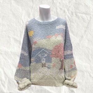 Hand knit Scenic Patterned Sweater - Blue and Cream XL Bobble Cutesy